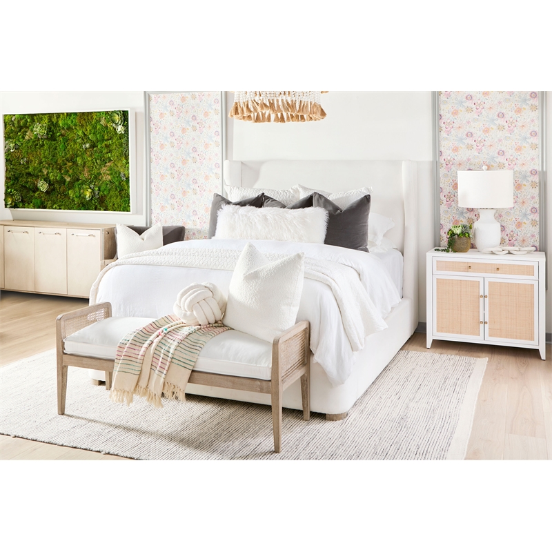 Maklaine Transitional Fabric King Bed in Pearl White / Natural Gray