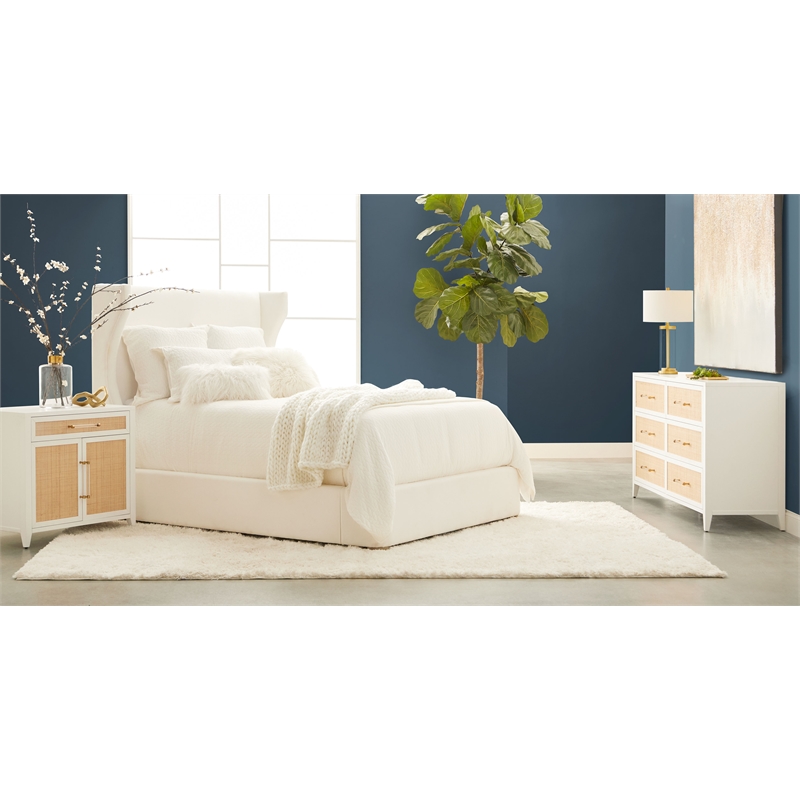 Maklaine Transitional Fabric King Bed in Pearl White / Natural Gray