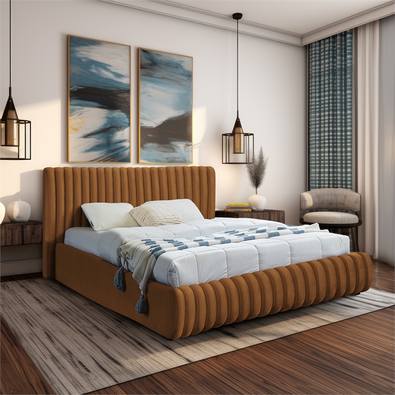Maklaine Contemporary Deep Channel Tufted Rich Saddle Velvet Full Bed