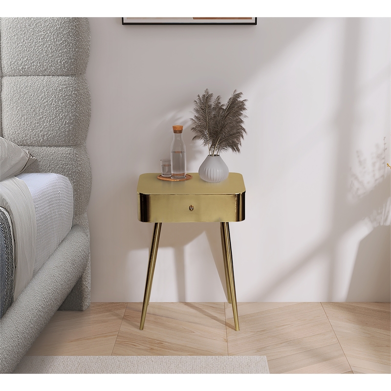 Maklaine Contemporary Gold Metal Night Stand with 1 Storage Drawer