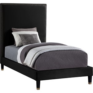 Maklaine Contemporary Soft Rich Black Finish Velvet Twin Bed
