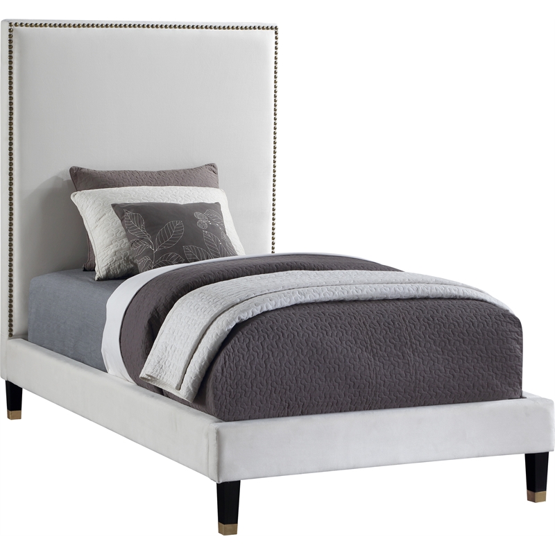 Maklaine Contemporary Soft Rich Cream Finish Velvet Twin Bed