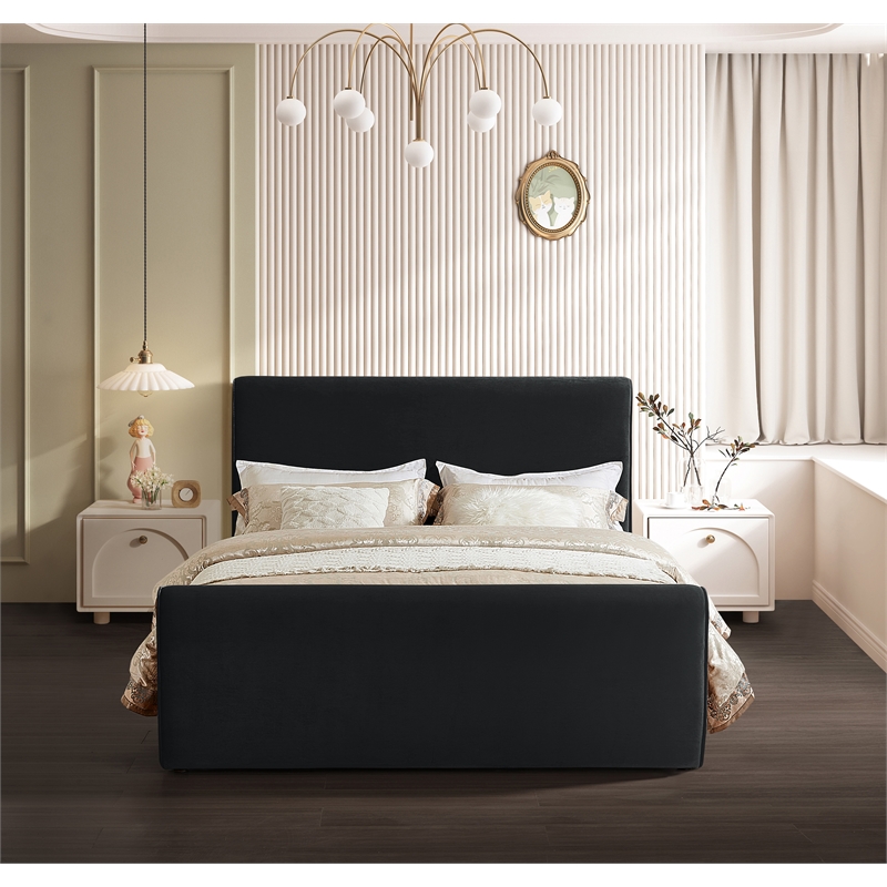 Maklaine Contemporary Soft Rich Black Finish Velvet King Bed