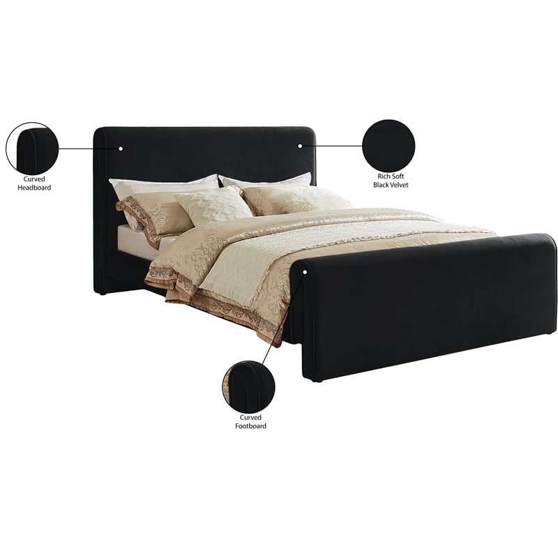 Maklaine Contemporary Soft Rich Black Finish Velvet King Bed