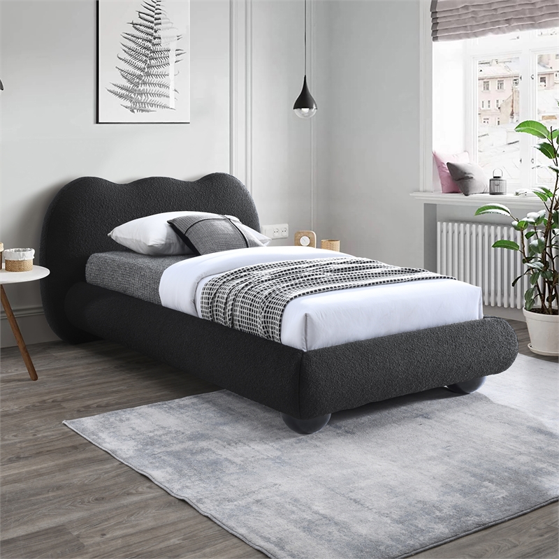 Maklaine Contemporary Boucle Fabric Twin Bed in Black Finish