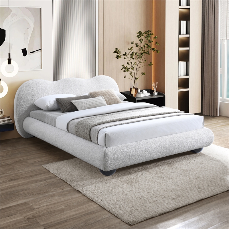 Maklaine Boucle Fabric Cream King Bed Contemporary 36