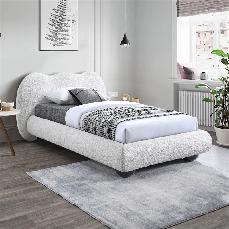Maklaine Contemporary Boucle Fabric Twin Bed in Cream Finish