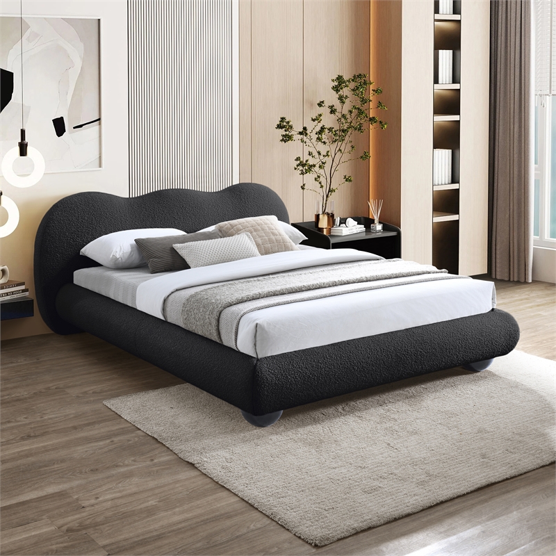 Maklaine Contemporary Boucle Fabric Queen Bed in Black Finish
