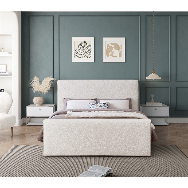 Maklaine Contemporary Rich Cream Finish Boucle Fabric King Bed