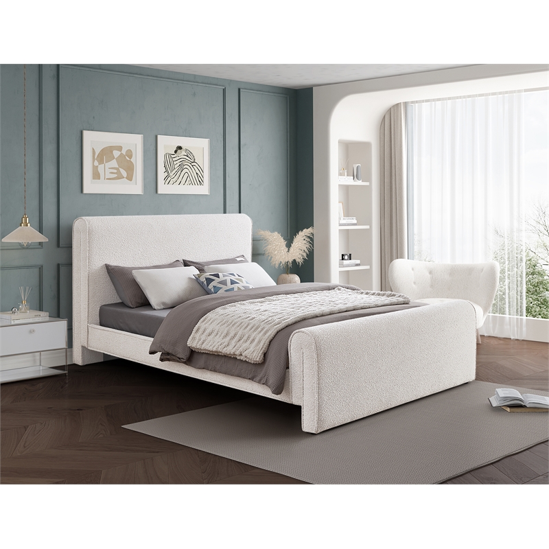 Maklaine Contemporary Rich Cream Finish Boucle Fabric King Bed