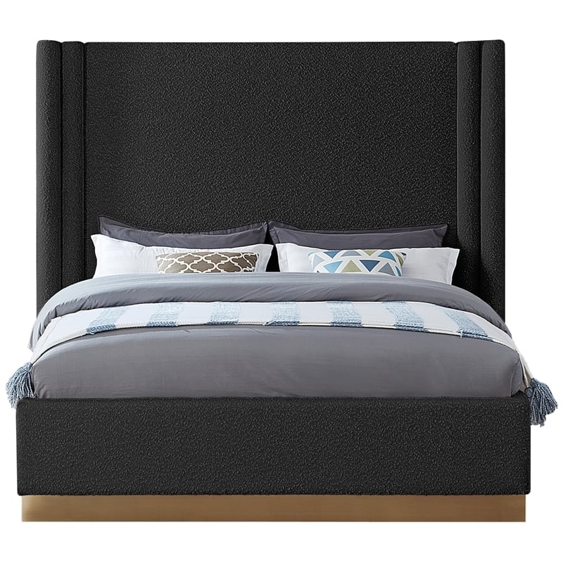 Maklaine Contemporary Black Finish Boucle Fabric Queen Bed