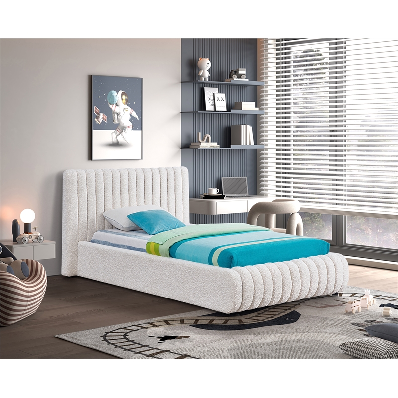Maklaine Contemporary Rich Cream Finish Boucle Fabric Twin Bed