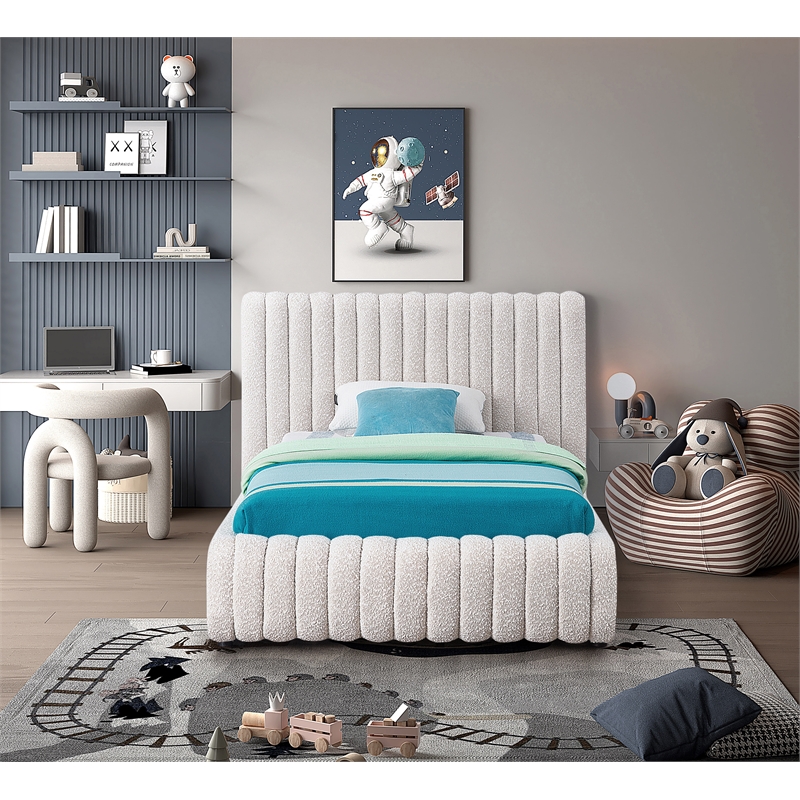 Maklaine Contemporary Rich Cream Finish Boucle Fabric Twin Bed