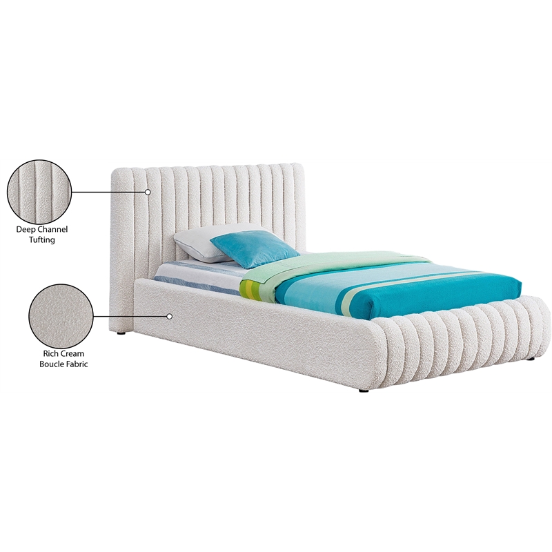 Maklaine Contemporary Rich Cream Finish Boucle Fabric Twin Bed