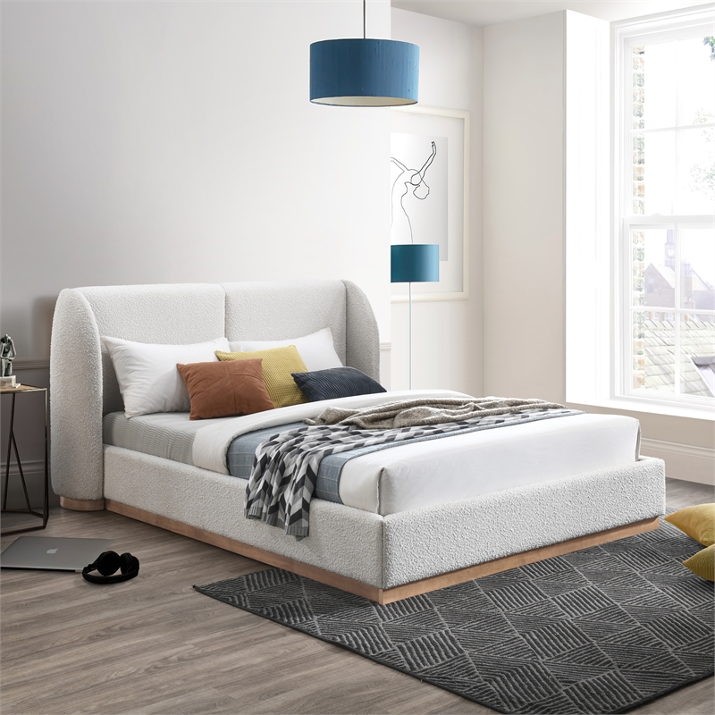 Maklaine Contemporary Rich Cream Finish Boucle Fabric King Bed