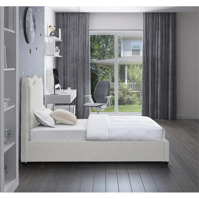 Maklaine Contemporary Rich Cream Linen Textured Fabric Twin Bed