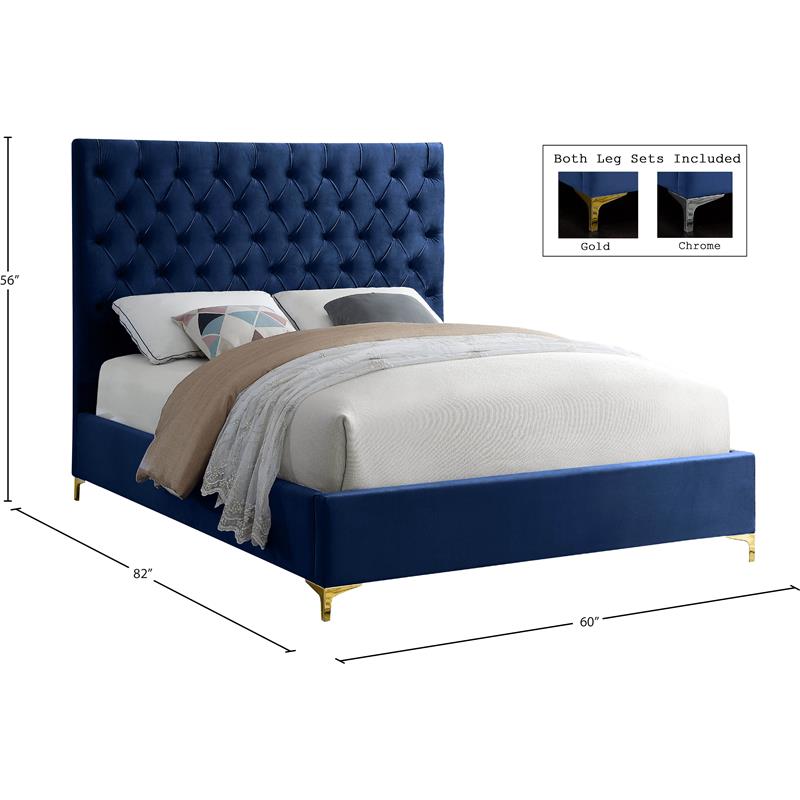 Maklaine Contemporary Solid Wood Tufted Velvet Full Bed in Navy