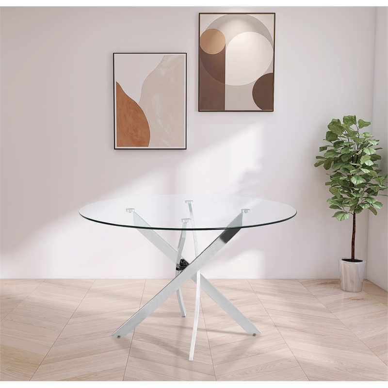 Maklaine Tempered Glass Chrome Dining Table Round Contemporary Design 48