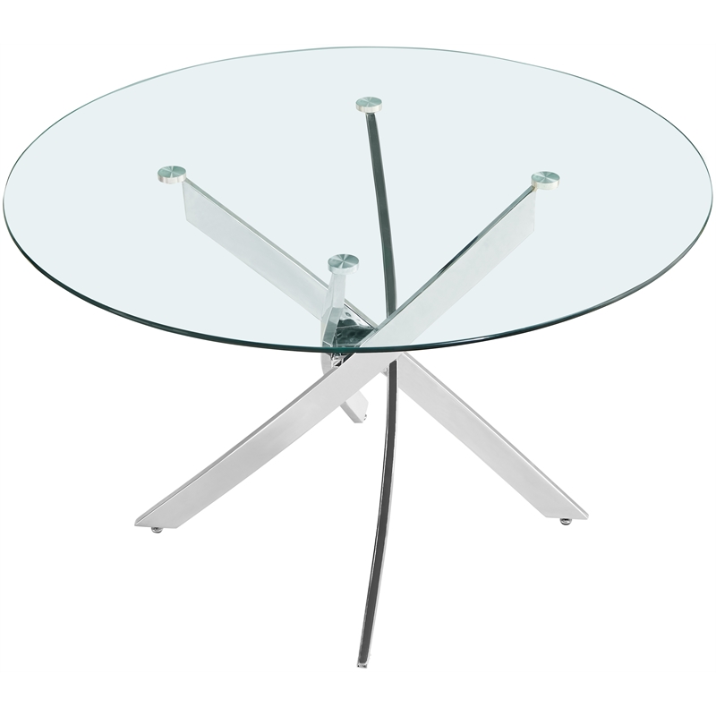 Maklaine Tempered Glass Chrome Dining Table Round Contemporary Design 48