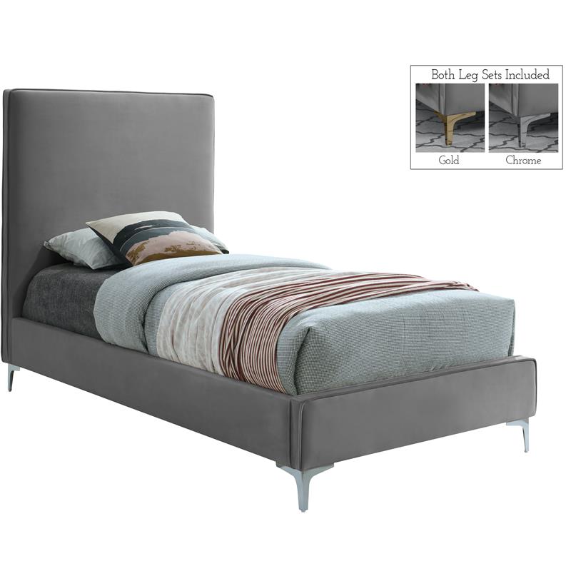 Maklaine Gray Velvet Twin Bed with Gold and Chrome Legs Included