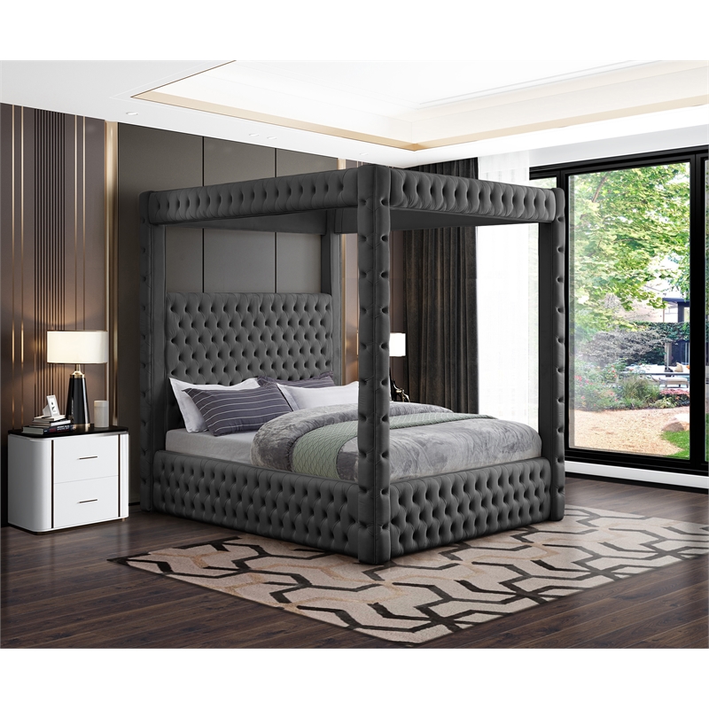 Maklaine Contemporary Soft Rich Gray Finish Tufted Velvet King Bed
