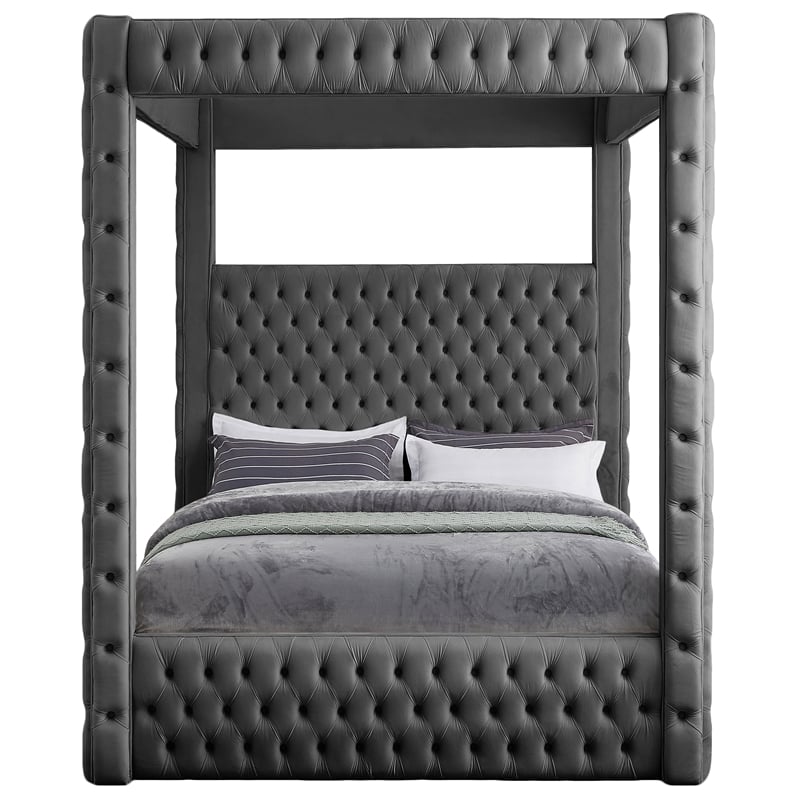 Maklaine Contemporary Soft Rich Gray Finish Tufted Velvet King Bed