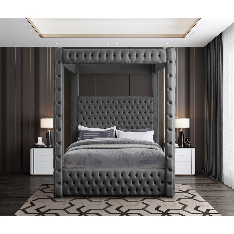 Maklaine Contemporary Soft Rich Gray Finish Tufted Velvet King Bed