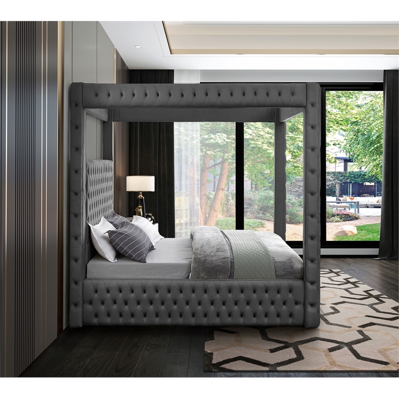 Maklaine Contemporary Soft Rich Gray Finish Tufted Velvet King Bed