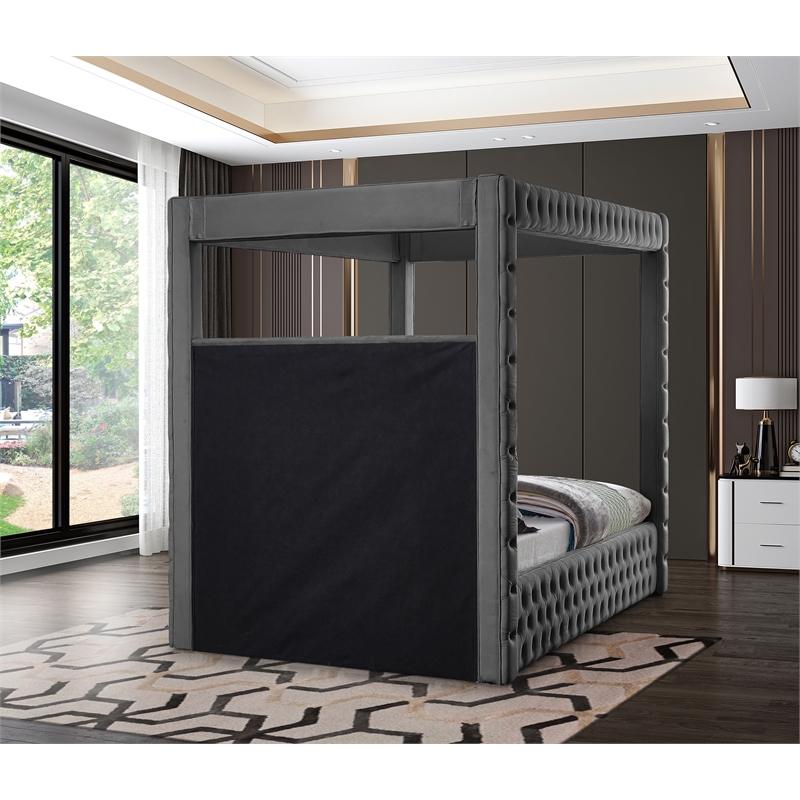 Maklaine Contemporary Soft Rich Gray Finish Tufted Velvet King Bed