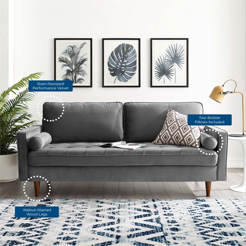 Maklaine Modern Style Performance Velvet Sofa in Gray Finish