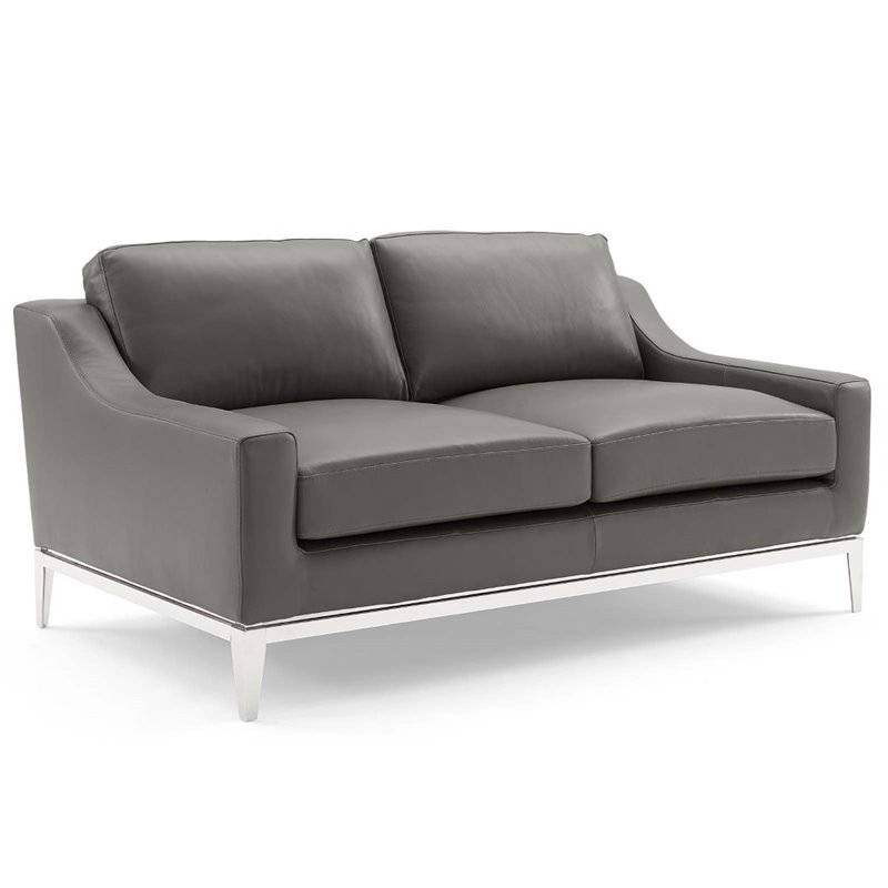 Maklaine Stainless Steel & Leather Sofa and Loveseat Set in Gray