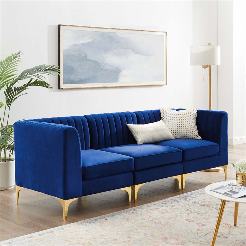Maklaine 3-Seater Channel Performance Velvet Tufted Sofa in Navy