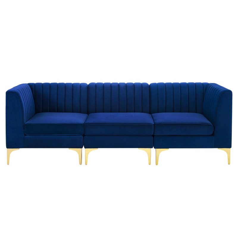 Maklaine 3-Seater Channel Performance Velvet Tufted Sofa in Navy