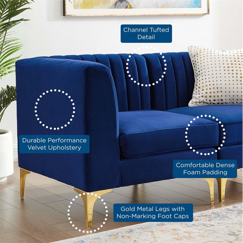 Maklaine 3-Seater Channel Performance Velvet Tufted Sofa in Navy