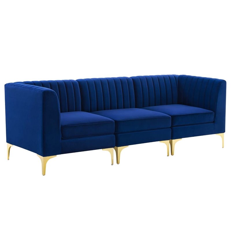 Maklaine 3-Seater Channel Performance Velvet Tufted Sofa in Navy