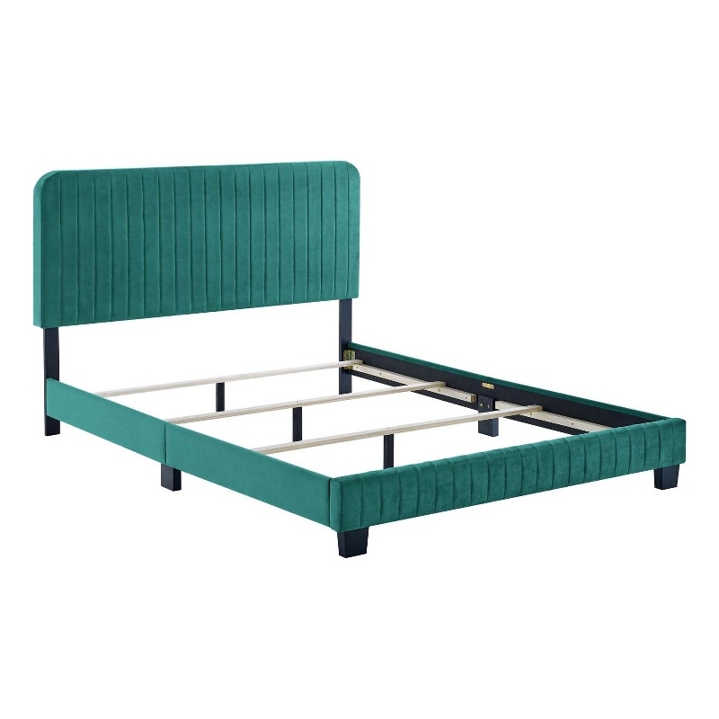 Maklaine Channel Tufted Performance Velvet Full Bed in Teal Green