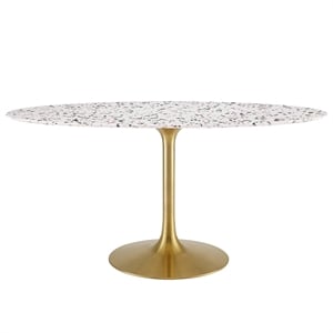 Maklaine 60&quot Oval Modern Terrazzo/Metal Dining Table in Gold/White
