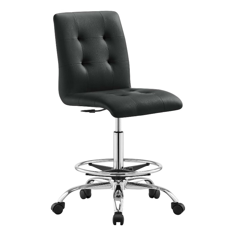 Maklaine Metal Vegan Leather Armless Drafting Chair in Silver/Black