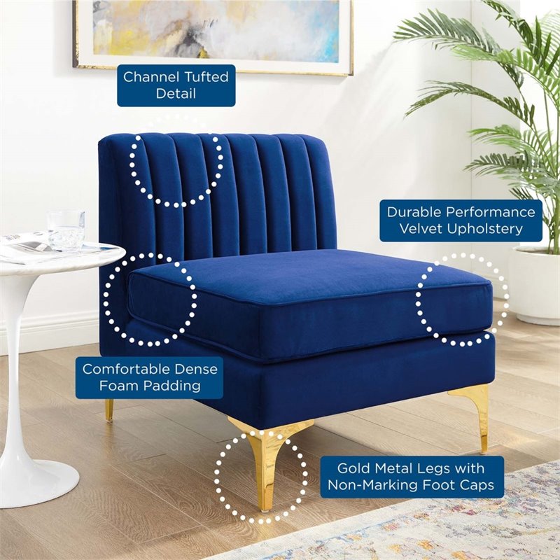 Maklaine Modern Channel Tufted Performance Velvet Armless Chair in Navy