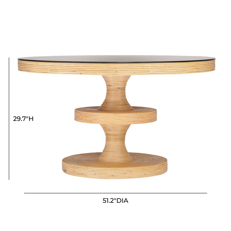 Maklaine Rattan Natural Dining Table Round Tempered Glass 51.2