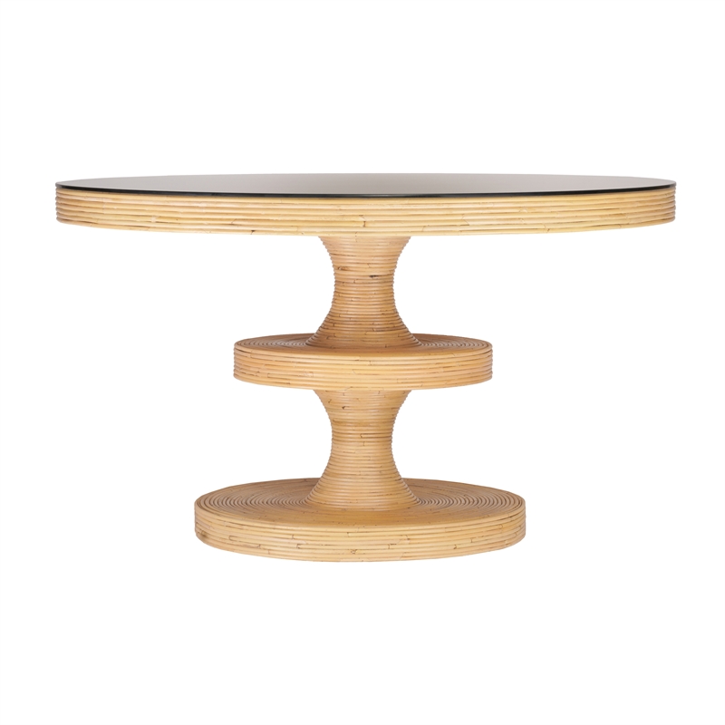 Maklaine Rattan Natural Dining Table Round Tempered Glass 51.2