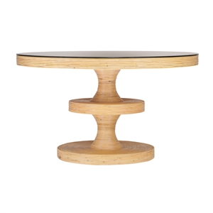 Maklaine Rattan Natural Dining Table Round Tempered Glass 51.2&quotDIA Unassembled