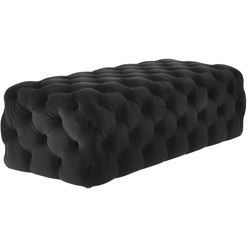 Maklaine Soft Velvet Upholstered Black Ottoman Rectangular Button Tufting 49.2