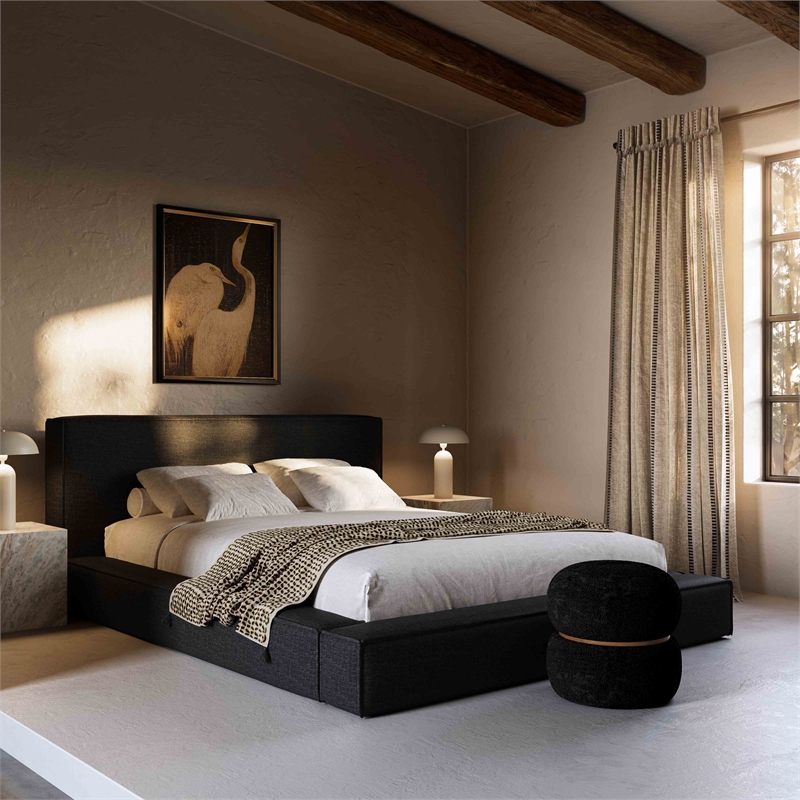 Maklaine Modern Contemporary Linen Fabric Queen Size Bed in Black