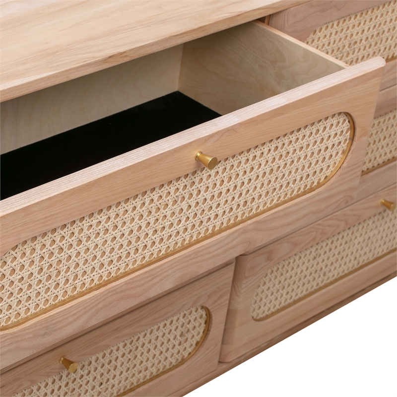 Maklaine Modern Contemporary Cane 6 Drawer Dresser in Brown Finish