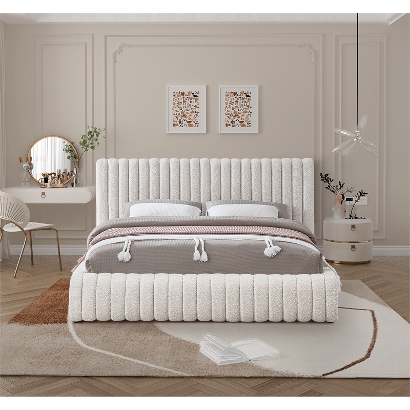 Maklaine Rich Cream Boucle Fabric Deep Channel Tufting Queen Bed