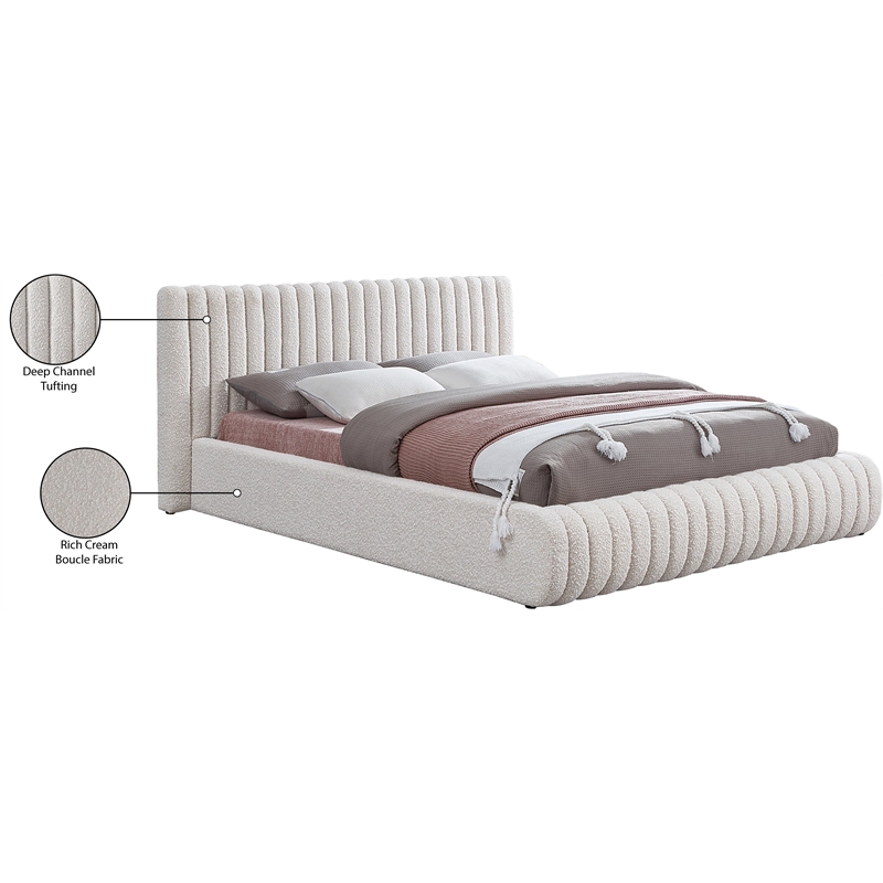 Maklaine Rich Cream Boucle Fabric Deep Channel Tufting Queen Bed