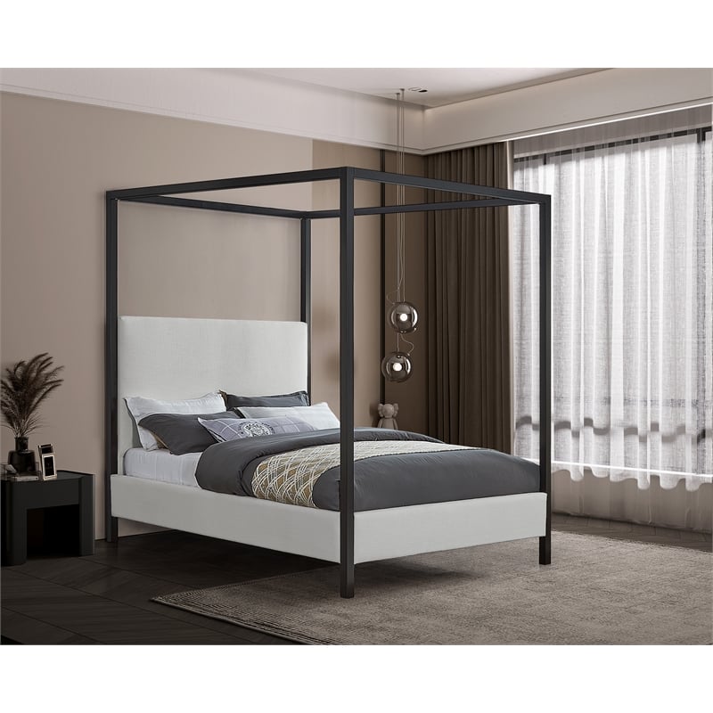 Maklaine Cream Linen Textured Fabric Matte Black Steel Canopy Queen Bed