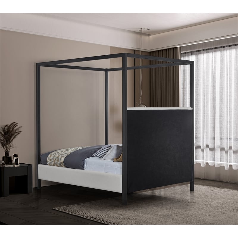 Maklaine Cream Linen Textured Fabric Matte Black Steel Canopy Queen Bed