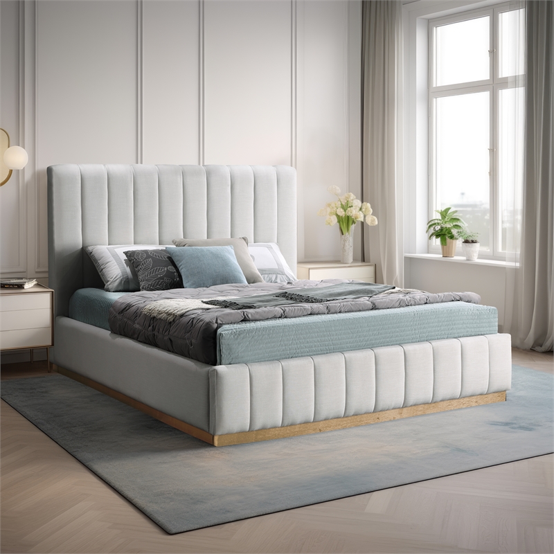 Maklaine Contemporary Rich Cream Linen Textured Fabric King Bed